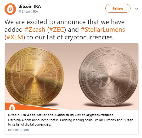 Bitcoin IRA platformu Stellar Lumens ve Zcash’i ağırlıyor