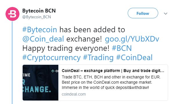 Bytecoin (BCN) CoinDeal Borsası’nda listeleniyor