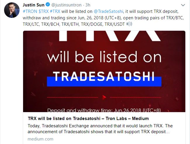 TRON (TRX) Trade Satoshi platformunda listelenecek